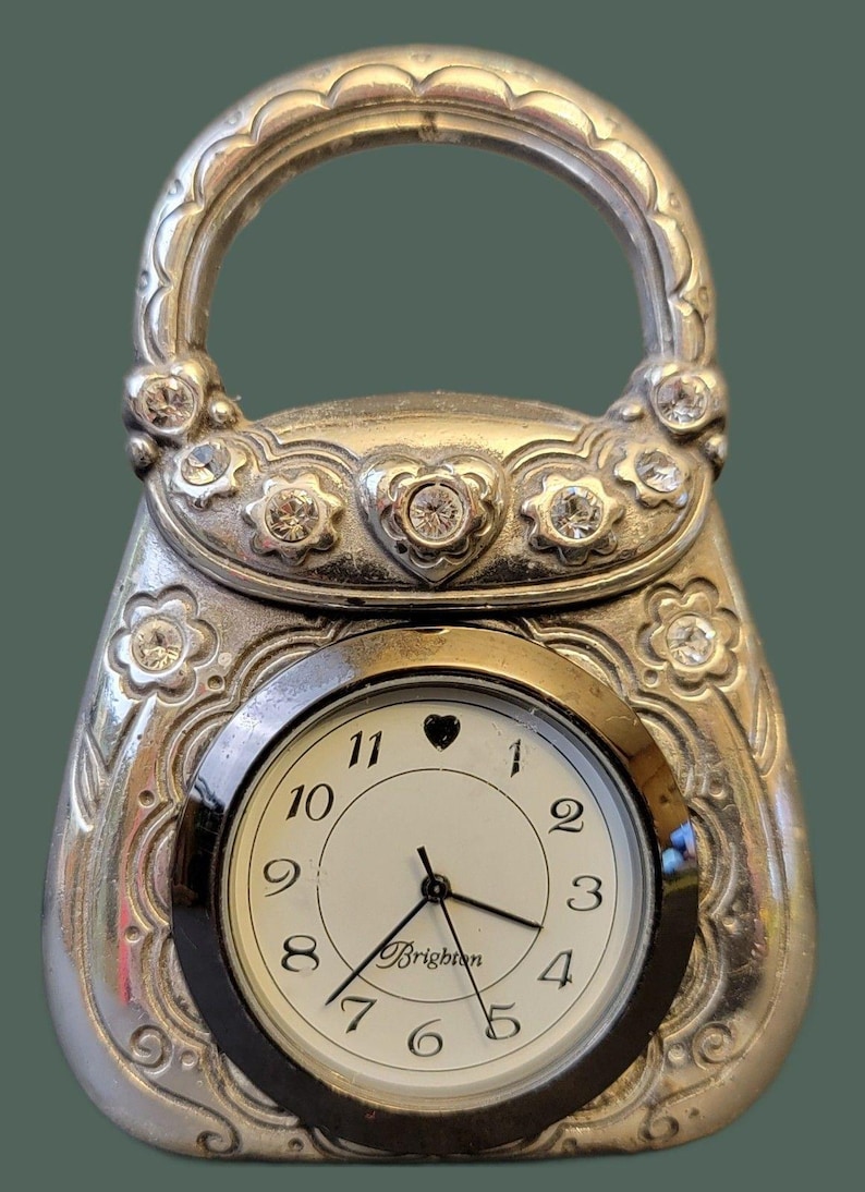 VTG Brighton Silver Tone Crystal Embellished Charm Purse Desk Clock Collectible image 1