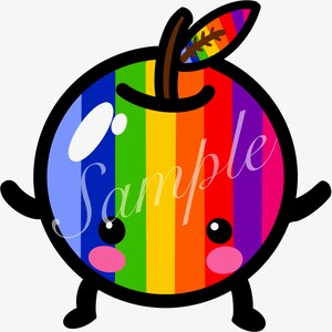 Könnte beinhalten: Ein regenbogenfarbener Apfel mit einem niedlichen Comic-Gesicht und kleinen Armen und Beinen. Der Apfel hat einen braunen Stiel und ein grünes Blatt.