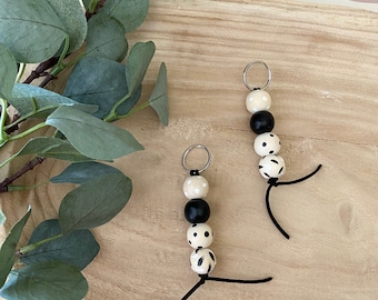 Handmade and Hand Painted Wooden Bead Keychain | Black and White | madebybeccamae