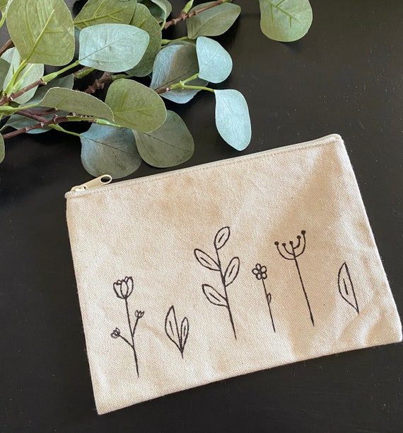 Hand Painted Zippered Canvas Pouch Bag line Florals Madebybeccamae Etsy
