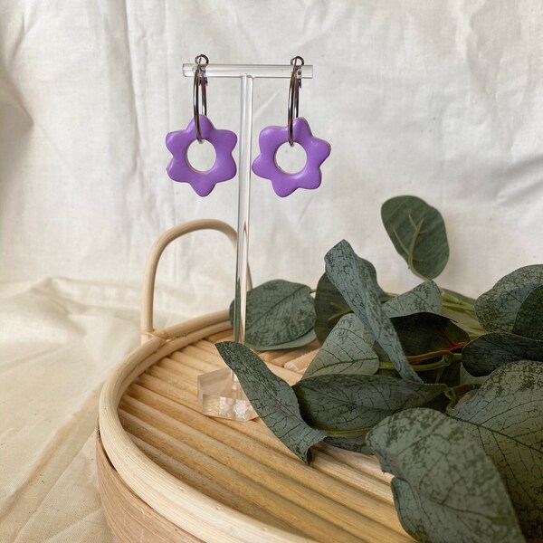 Handmade Retro Floral Hoop Earrings | Orchid | polymer clay | madebybeccamae