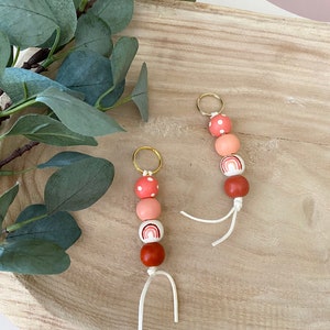 Handmade and Hand Painted Wooden Bead Keychain | ‘Warm Rainbows’ | madebybeccamae
