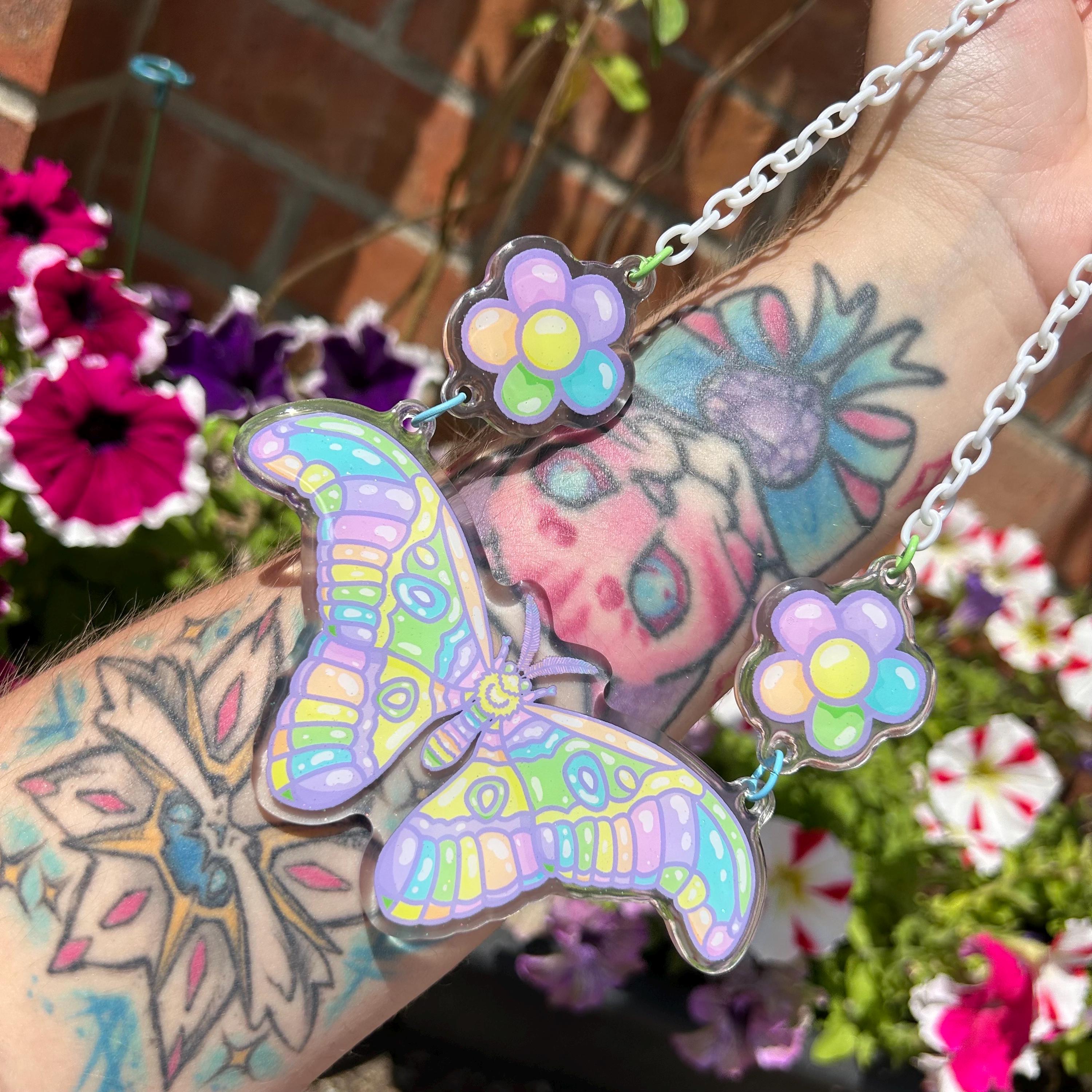 Religious Bugcore Rainbow Pastel Goth Moth Necklace // Kidcore Decora Bugcore Fairycore ...