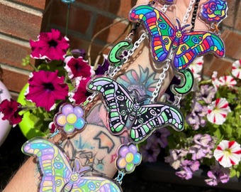 Rainbow Pastel Goth Moth Necklace // Kidcore Decora Bugcore Fairycore