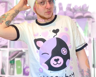 Sleepy Boy White Ringer T-Shirt // Kawaii Pastel Goth Teddy Bear