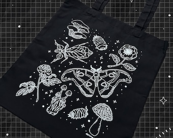 Bug Plants and Mushroom Forest Totebag // Black and White Nature Woodland