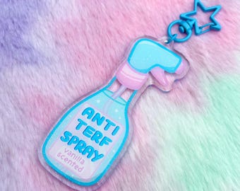 Anti-TERF Spray Keyring Charm // Trans LGBTQ Kawaii Pastel