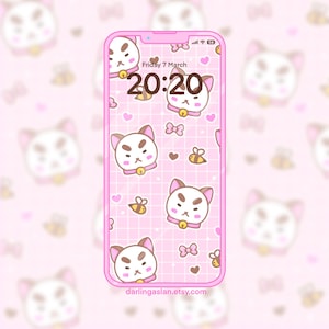 May include: A pink and white phone wallpaper with a repeating pattern of cartoon cats, hearts, and bees. The time is 20:20 and the date is Friday 7 March. The text "darlingaslan.etsy.com" is at the bottom of the image.