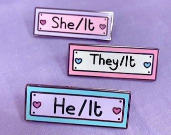 He/It They/It She/It Pronoun Pins // Kawaii Enamel