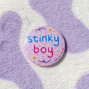 May include: Pink button with a grid pattern and glitter. The button says "stinky boy" in colourful letters. The text "Darling Aslan" is on the bottom right side of the button.