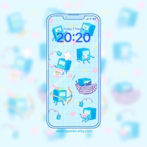 Pode incluir: Uma tela de telefone azul com um padrão de grade e um relógio digital que mostra 20:20. A data é sexta-feira, 7 de março. Há vários personagens de desenhos animados azuis na tela, cada um com uma expressão e um acessório diferente.