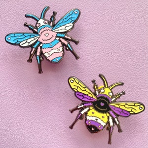 Trans Non-Binary Bee Pride LGBTQ Pins // Kawaii Enamel Queer image 1