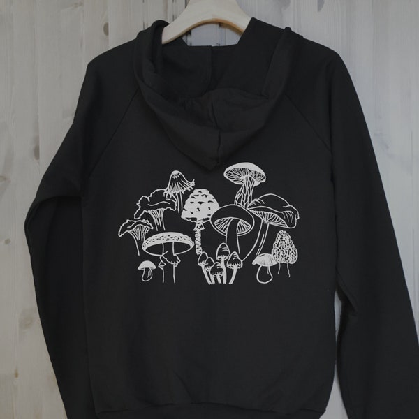 Black Mushrooms Organic Cotton Zip Hoodie with Graphic on Back, Eco-Friendly Mushroom Sweatshirt, Cottagecore Hoodie