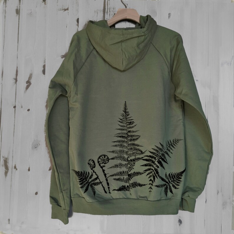 Organic Cotton Fleece Zip Hoodie with Graphic on Back, Eco-Friendly Ferns Fleece Jacket 