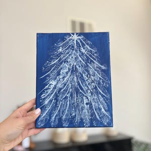 Acrylic, Snowy Christmas Tree with Star Topper, Painting on Canvas