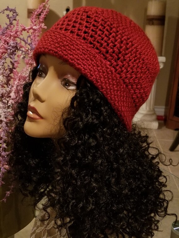 red crochet hat