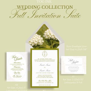 Peut inclure: Ensemble de faire-part de mariage vert et blanc. Il comprend une invitation, une carte de détails et une carte "Night Before". La doublure de l'enveloppe présente un motif floral. L'invitation principale mesure 13,3 x 18,4 cm.