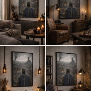 May include: A framed artwork depicting a king in a blue cloak and crown, facing a battlefield with a castle in the distance. The artwork is displayed in a room with warm lighting, a leather armchair, and a wooden side table.