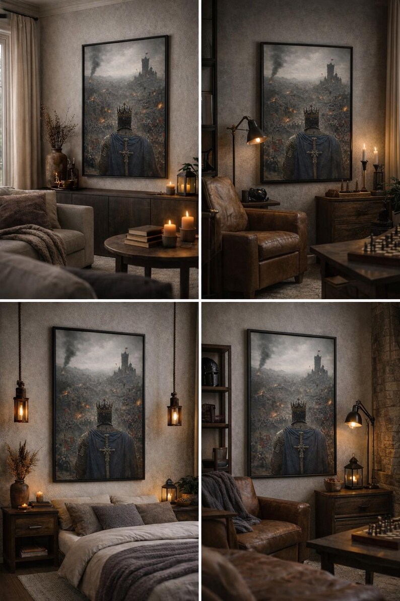 May include: A framed artwork depicting a king in a blue cloak and crown, facing a battlefield with a castle in the distance. The artwork is displayed in a room with warm lighting, a leather armchair, and a wooden side table.