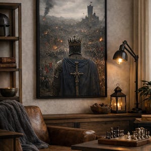 May include: A framed artwork depicts a medieval knight in armor, wearing a crown and a blue cape with a cross, facing a battlefield. The room features a leather armchair, wooden furniture, and a chess set on a coffee table.