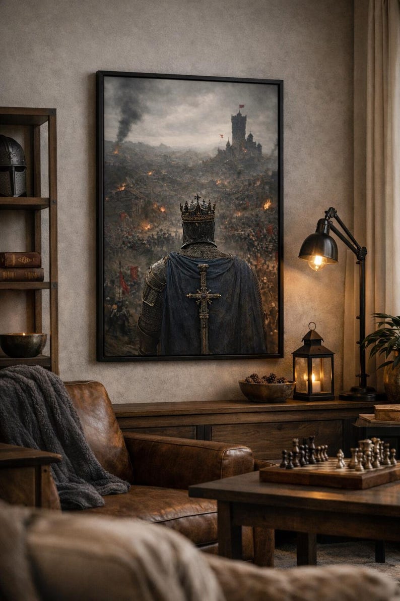 May include: A framed artwork depicts a medieval knight in armor, wearing a crown and a blue cape with a cross, facing a battlefield. The room features a leather armchair, wooden furniture, and a chess set on a coffee table.