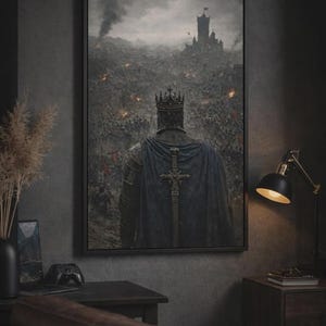 May include: A framed canvas print depicting a medieval knight in armor, wearing a crown and a dark blue cape. The knight stands before a battlefield with a castle in the distance, smoke and fire visible. The artwork has a dark, dramatic aesthetic.