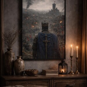 May include: Framed artwork depicting a medieval king in armor, wearing a crown and blue cape, facing a battlefield. The painting is set in a dark, dramatic scene with a castle in the background. The artwork is displayed above a wooden cabinet with decorative items.