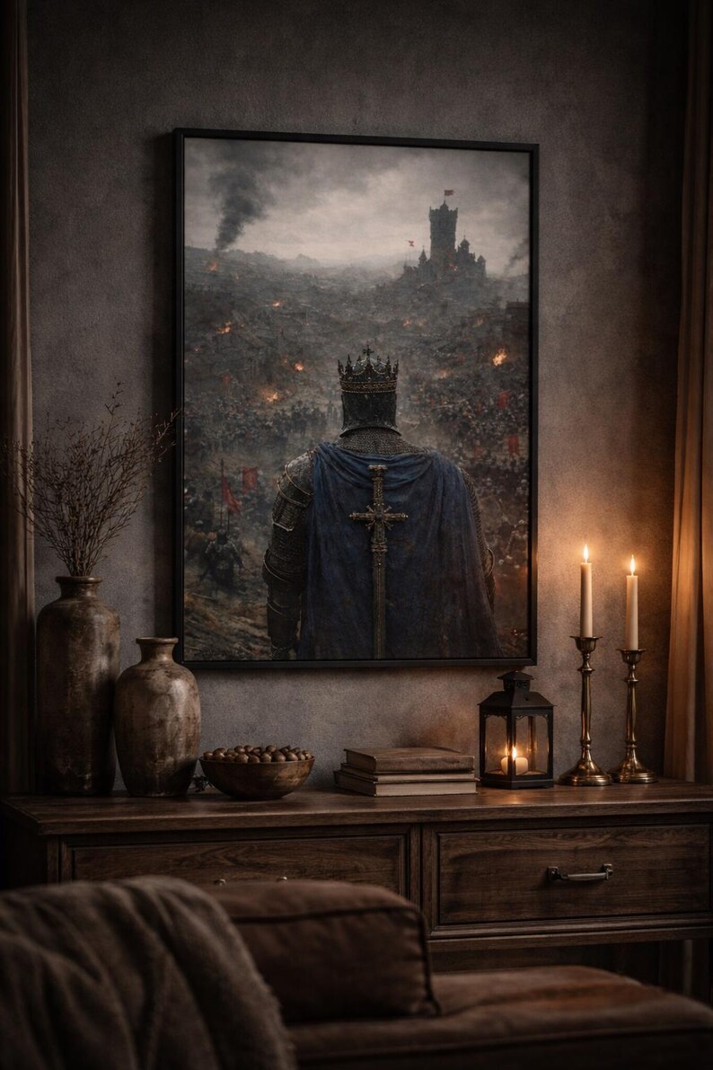 May include: Framed artwork depicting a medieval king in armor, wearing a crown and blue cape, facing a battlefield. The painting is set in a dark, dramatic scene with a castle in the background. The artwork is displayed above a wooden cabinet with decorative items.