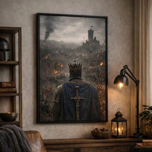 May include: Framed artwork depicting a knight in armor with a crown, facing a battlefield with a castle in the distance. The knight wears a blue cape with a cross. The artwork is displayed in a room with a wooden shelf and a lamp.