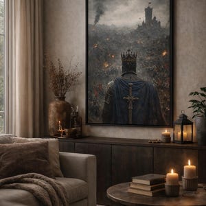 May include: A framed artwork depicting a medieval knight with a crown and blue cape, facing a battlefield with a castle in the background. The artwork is displayed in a living room setting with a sofa, candles, and a dark wood cabinet.
