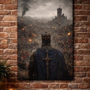 May include: A canvas print depicting a medieval king in armor, facing a battlefield with a burning town and a castle in the distance. The king wears a crown and a blue cape with a cross-shaped sword. The artwork is displayed on a brick wall.