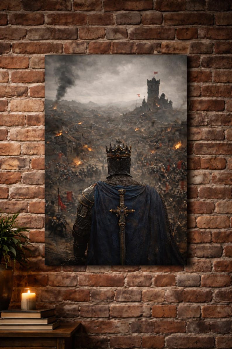 May include: A canvas print depicting a medieval king in armor, facing a battlefield with a burning town and a castle in the distance. The king wears a crown and a blue cape with a cross-shaped sword. The artwork is displayed on a brick wall.