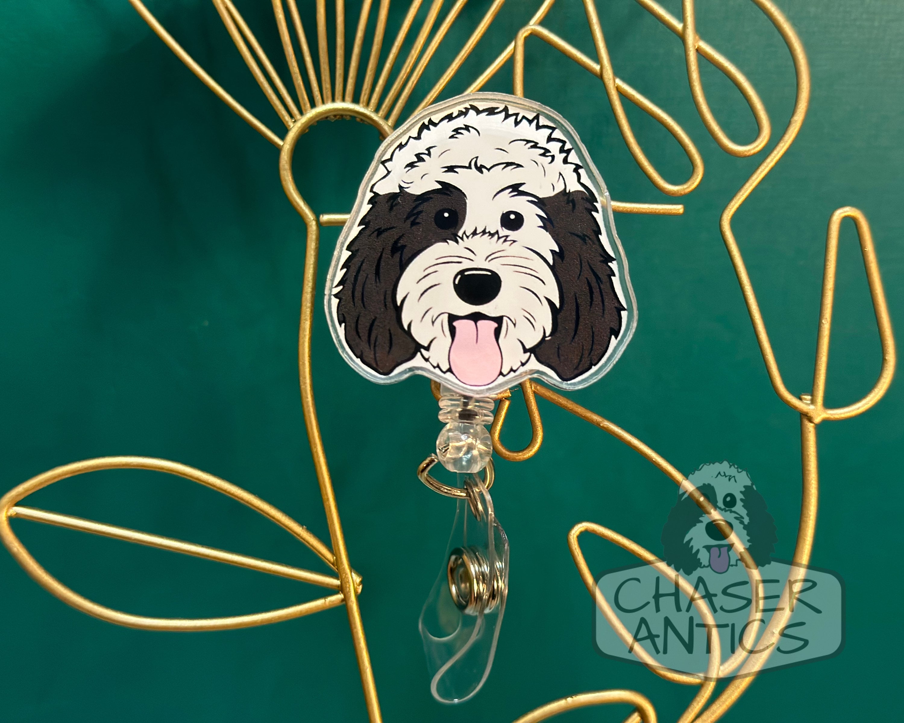 Tan Rubydo Shaped Doodle Girl With Bow Badge Reel Goldendoodle