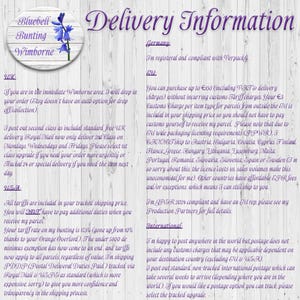 May include: A white wood-grain background features a circular logo with a bluebell illustration and the text Bluebell Bunting Wimborne. The document is titled Delivery Information and contains detailed text regarding shipping policies for the UK, USA, EU, and international locations.