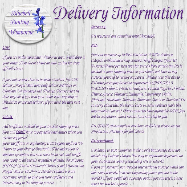 May include: A white wood-grain background features a circular logo with a bluebell illustration and the text Bluebell Bunting Wimborne. The document is titled Delivery Information and contains detailed text regarding shipping policies for the UK, USA, EU, and international locations.