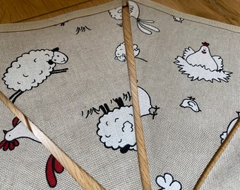 Chicken & Sheep Farmhouse Fun Easter Spring Canvas Fabric Bunting - Medium Sized Flags - 10 Flags