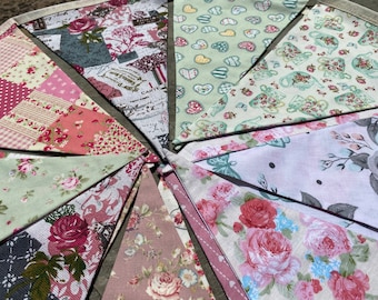 Floral Vintage Style Country Kitchen Cottage Core Cotton Fabric Bunting - Large - 15 Flags - 3m