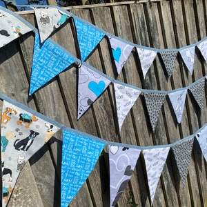 Dog Cartoon and Pawprint Blue, Grey & White Cotton Fabric Bunting Large, Medium or Small Sized Flags 11 Flags image 3