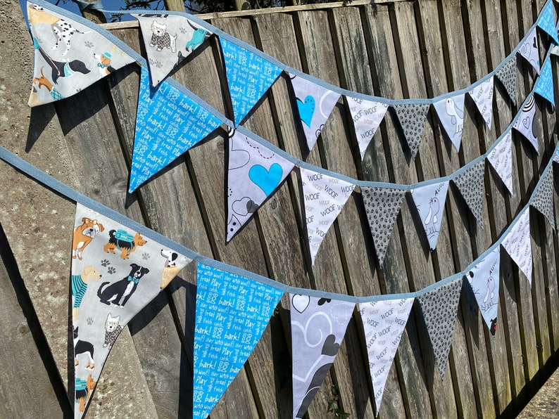 Dog Cartoon and Pawprint Blue, Grey & White Cotton Fabric Bunting Large, Medium or Small Sized Flags 11 Flags image 3