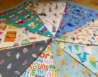 Summer Holiday, Campervan, Caravan, Great British Staycation Camping Cotton Fabric Bunting - Large, Medium or Small Sized Flags - 20 Flags