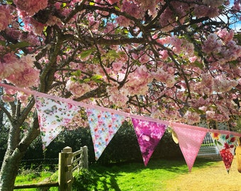 Butterflies & Dragonflies Pink Floral Spring Summer Cotton Fabric Bunting - Small Sized Flags - 9 Flags - 1.35m