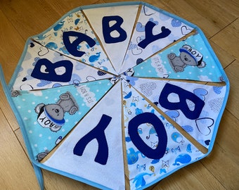 Baby Boy Baby Shower Nursery Blue & White Cotton Fabric Bunting - Large Sized Flags - 10 Flags - 2m