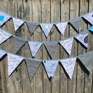 Dog Cartoon and Pawprint Blue, Grey & White Cotton Fabric Bunting Large, Medium or Small Sized Flags 11 Flags image 2