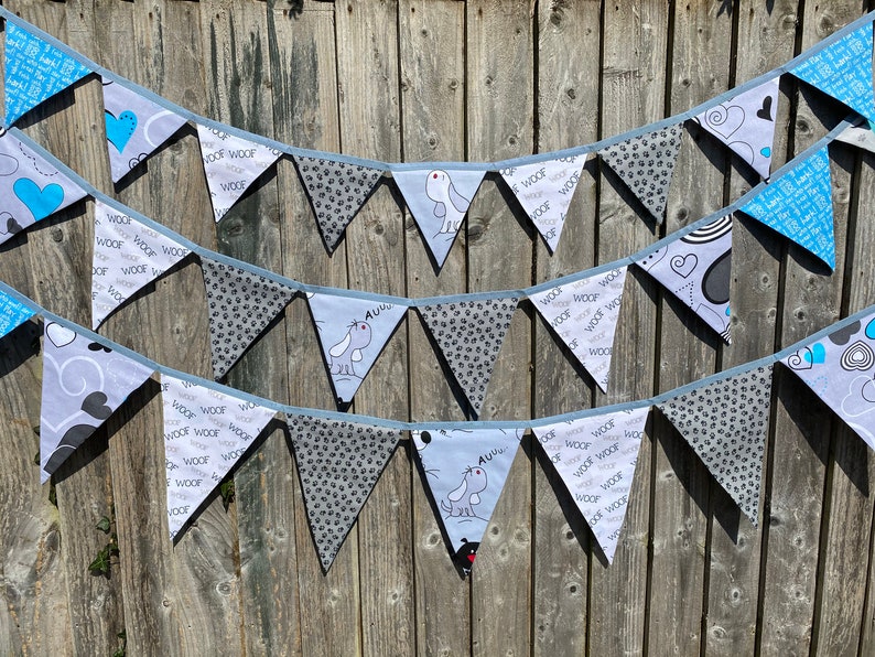 Dog Cartoon and Pawprint Blue, Grey & White Cotton Fabric Bunting Large, Medium or Small Sized Flags 11 Flags image 2