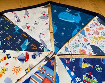 Nautical Friendly Ocean Whales, Seals, Boats, Lighthouses, Submarine Kids Nursery Cotton Fabric Bunting - Medium Sized Flags - 9 Flags