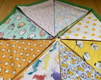 Spring Easter Bunny, Egg, Chicken & Sheep Cotton Fabric Bunting - Large, Medium or Small Sized Flags - 12 Flags