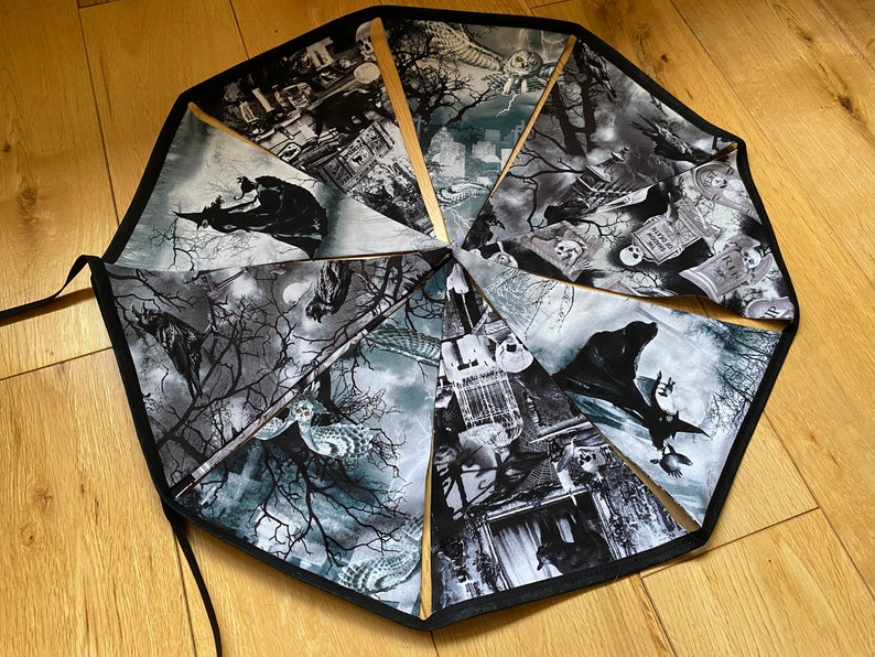 Halloween, Gothic, Witch, Owl, Raven, Skeleton, Black Cat , Wicca Cotton Fabric Bunting Large Sized Flags 10 Flags image 2
