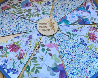 Floral Hummingbird Bunting: Blue Bee Garden Decor Handmade Cotton Fabric Garland, 6, 9 or 12 Flags