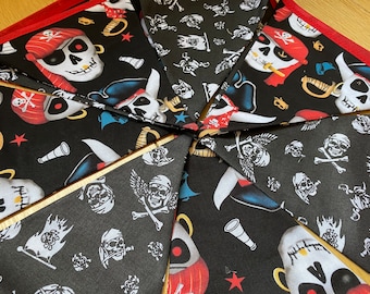 Pirate Jolly Roger Nautical Black & Red Cotton Fabric Bunting - Medium or Small Sized Flags - 10 Flags