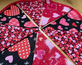 Heart, Valentine, Love, Wedding, Anniversary Red, Pink & Black Cotton Fabric Bunting - Medium or Small Sized Flags- 9 Flags